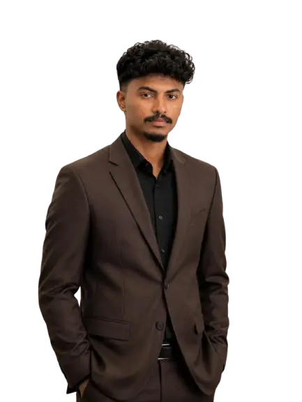 best-digital-marketer-in-nilgiris . Wearing a dark brown suit and black shirt, standing confidently with his hands in his pockets against a transparent background